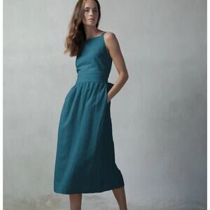 Luxmi NWT Farfalla Midi Dress Blue Teal Linen (S) Lined Belted Full Skirt